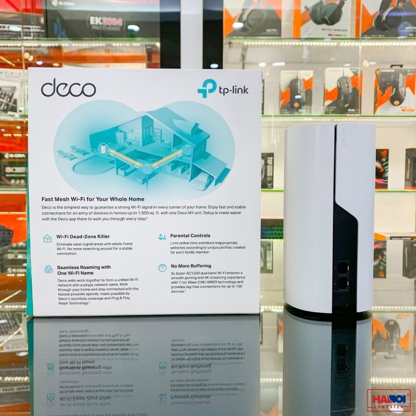 ảnh chụp mặt sau Bộ phát wifi mesh TP-Link Deco M4 cùng vỏ hộp