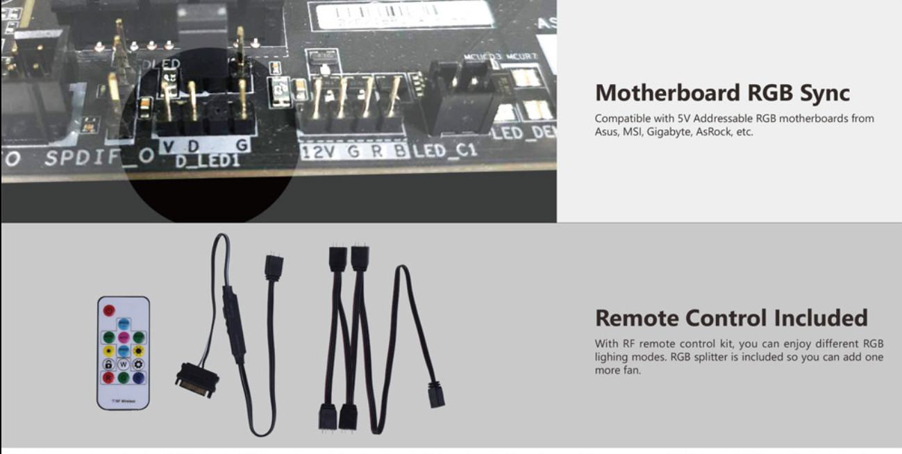 Fan Case ID Cooling DF-12025-ARGB TRIO 3pcs Pack đi kèm điều khiển giúp người dùng điều chỉnh tốc độ quay của quạt và đặc biệt hơn là khả năng điều chỉnh các chế độ sáng khác nhau, tạo nên hiệu ứng ánh sáng bắt mắt.