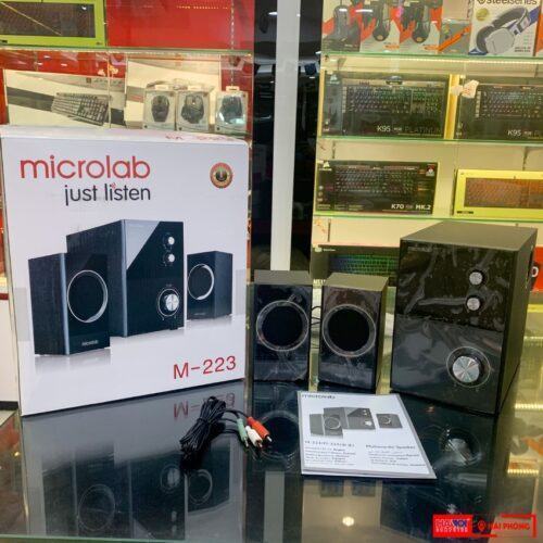 Loa vi tính Microlab M223 2.1 cùng hộp sản phẩm