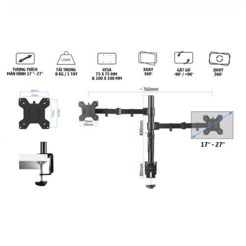 Giá treo 2 màn hình kẹp bàn EZ03