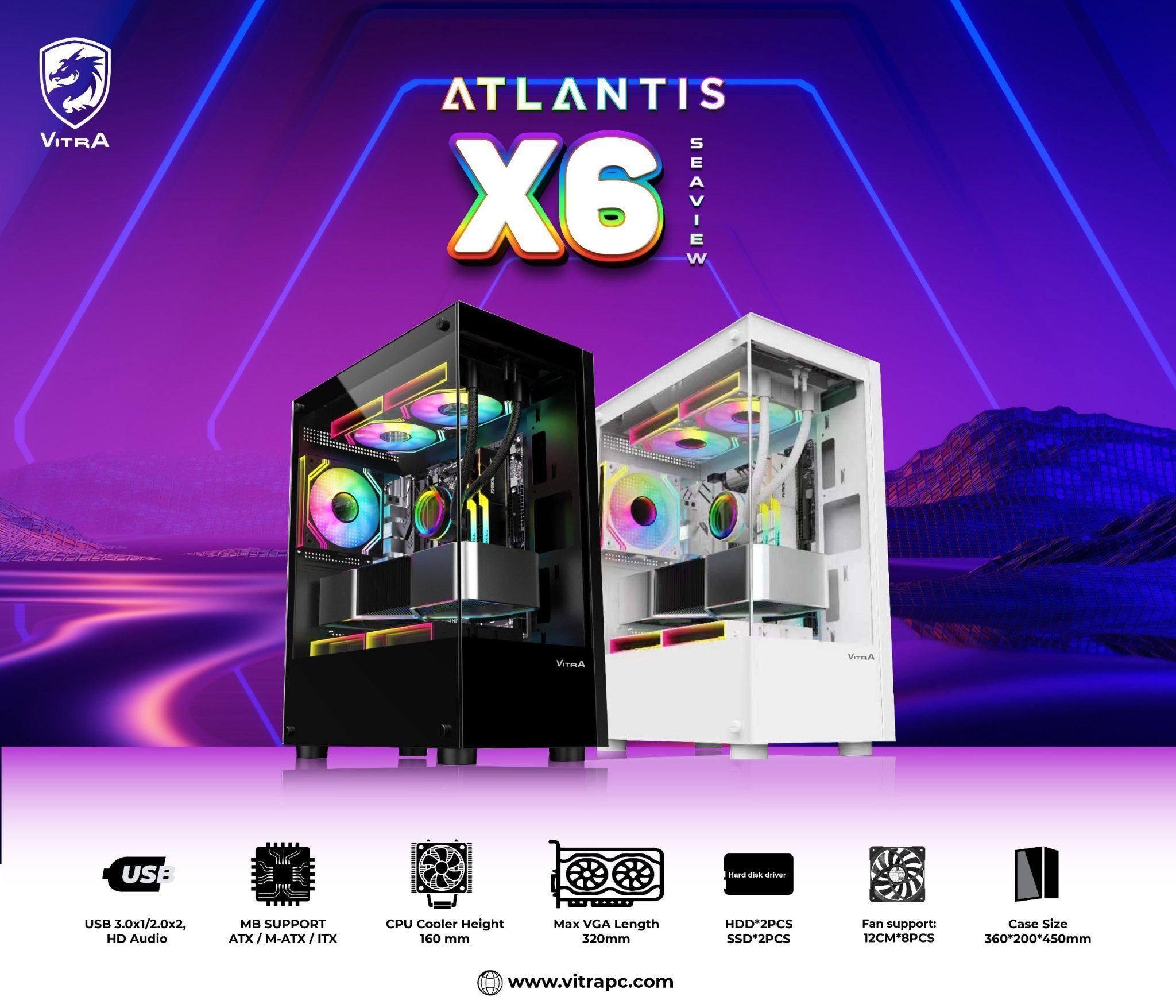 Vỏ Case VITRA ATLANTIS X6 WHITE (MATX/Màu Trắng/Rad 240)