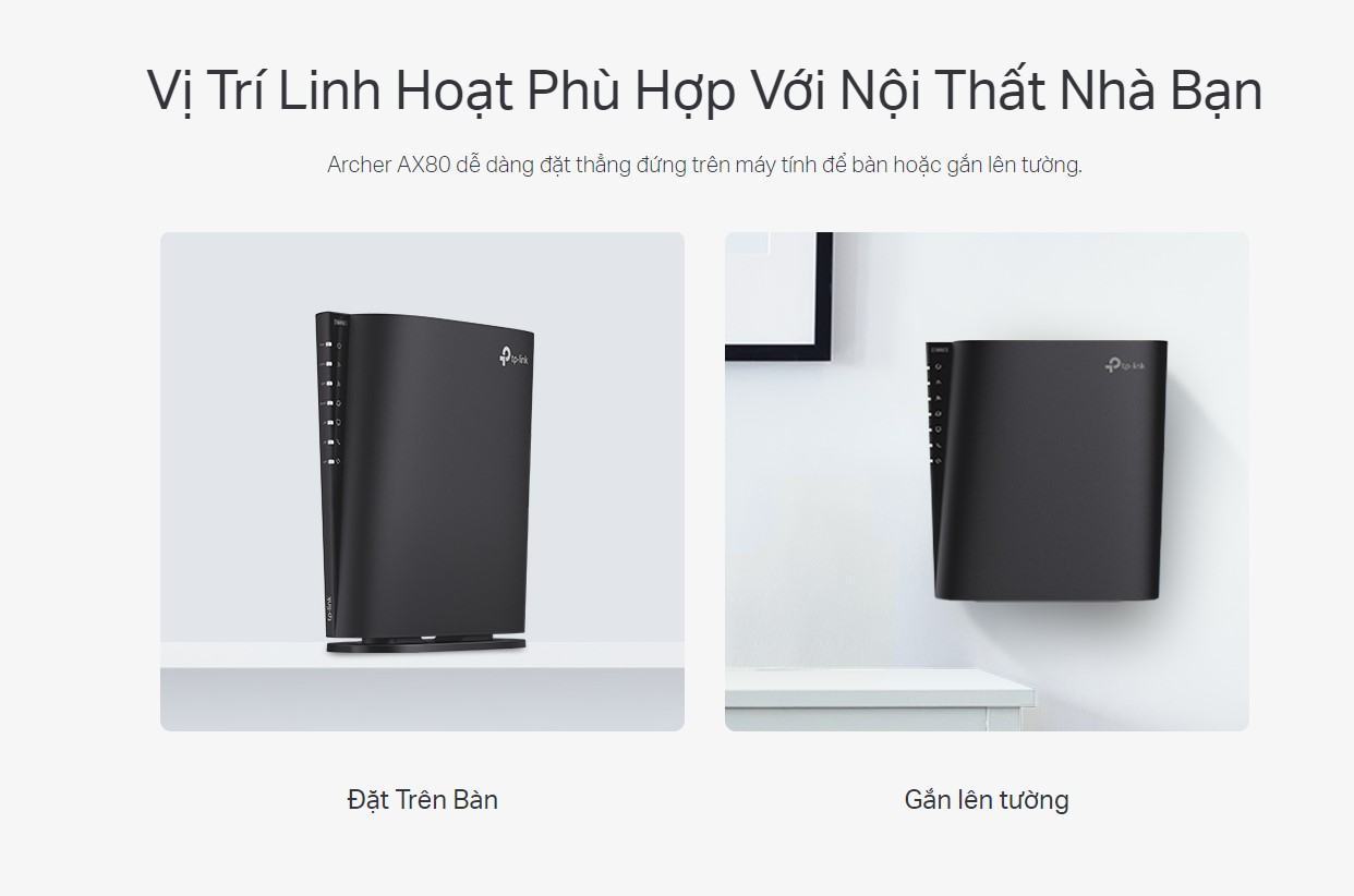 ax80-5 Archer AX80 dễ dàng đặt thẳng đứng trên máy tính để bàn hoặc gắn lên tường.