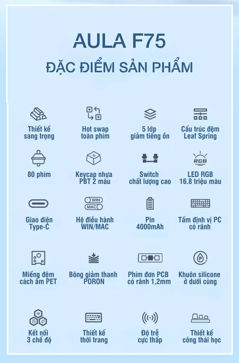 Bàn phím cơ gaming AULA F75 (3 Mode/Xám + Đen Gradient/Rgb/Reaper switch) 2