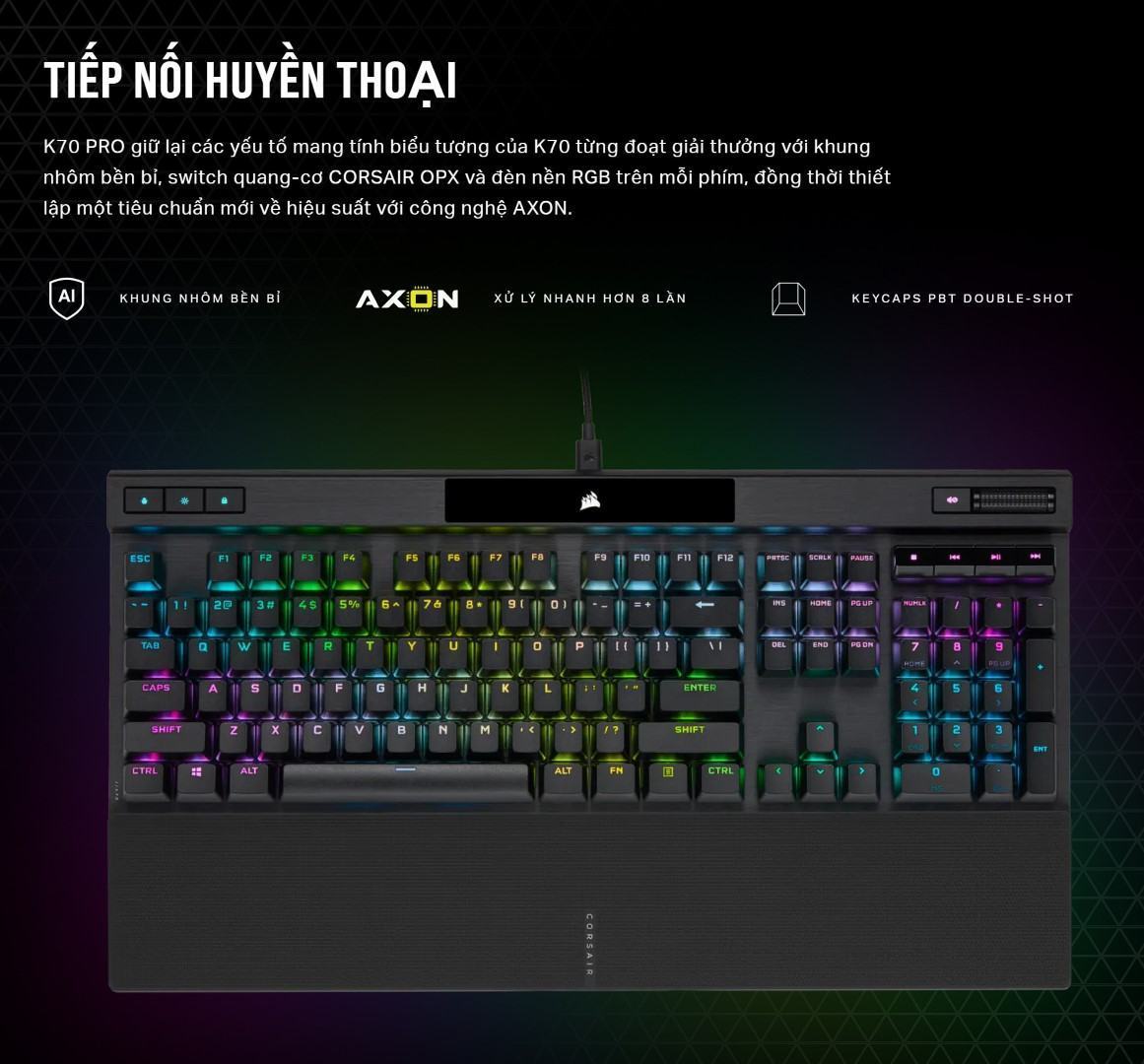 Bàn phím gaming có dây Corsair K70 PRO-BLK-OPX Silver Switch Led RGB CH-910941A-NA