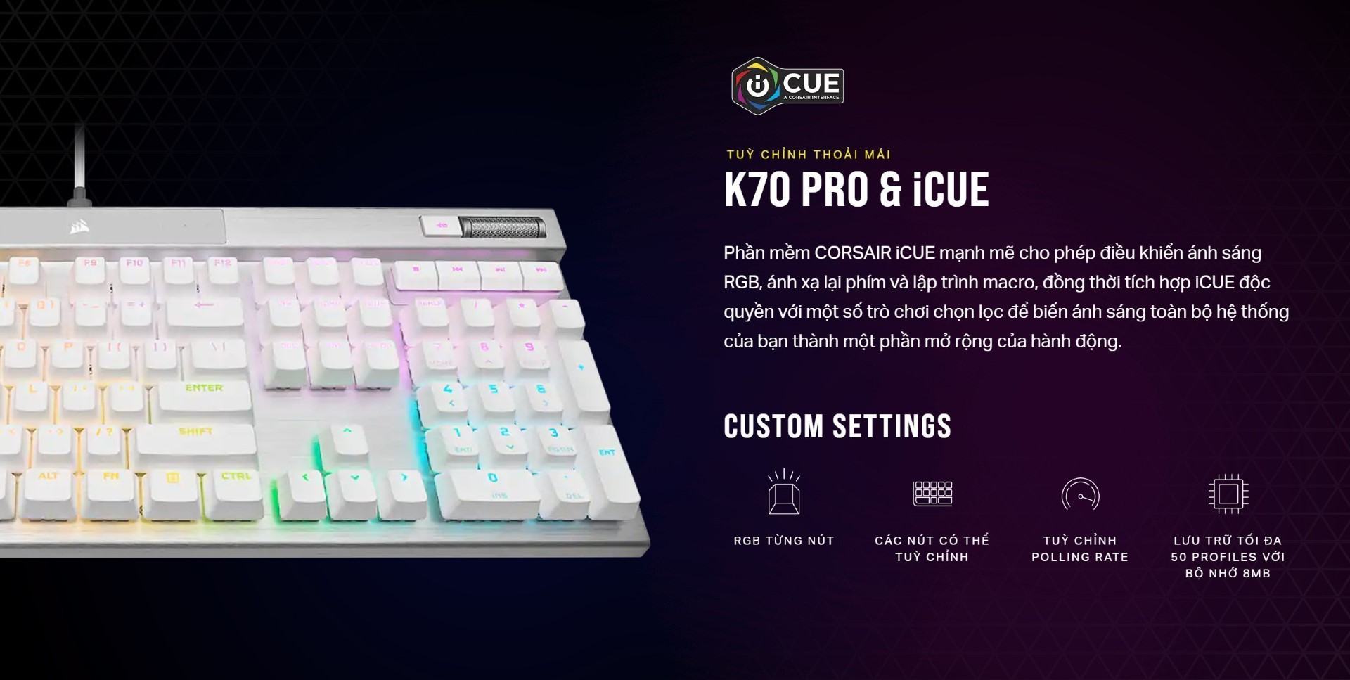 Bàn phím gaming có dây Corsair K70 PRO-BLK-OPX Silver Switch Led RGB CH-910941A-NA