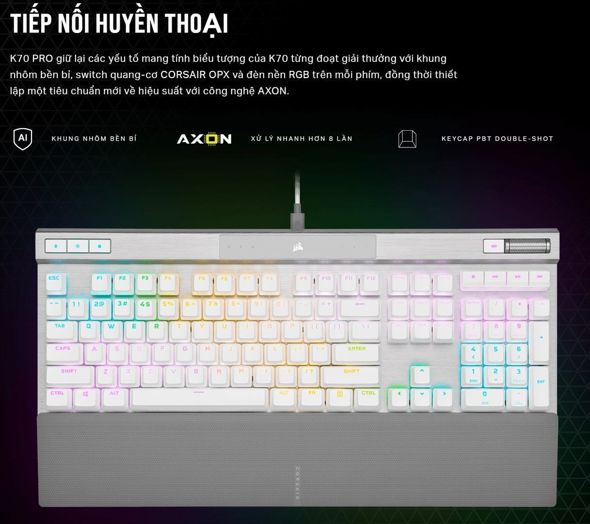 Bàn phím gaming có dây Corsair K70 PRO-WHT-OPX Silver Switch Led RGB CH-910951A-NA