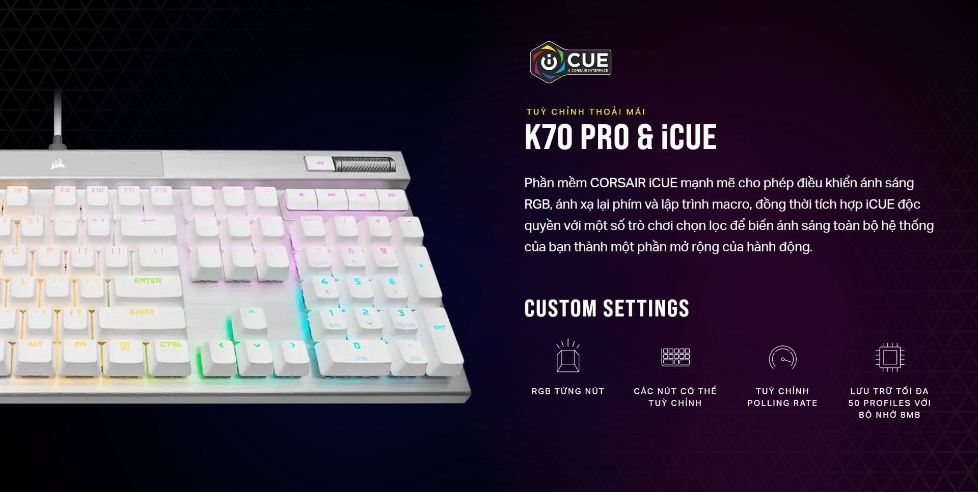 Bàn phím gaming có dây Corsair K70 PRO-WHT-OPX Silver Switch Led RGB CH-910951A-NA