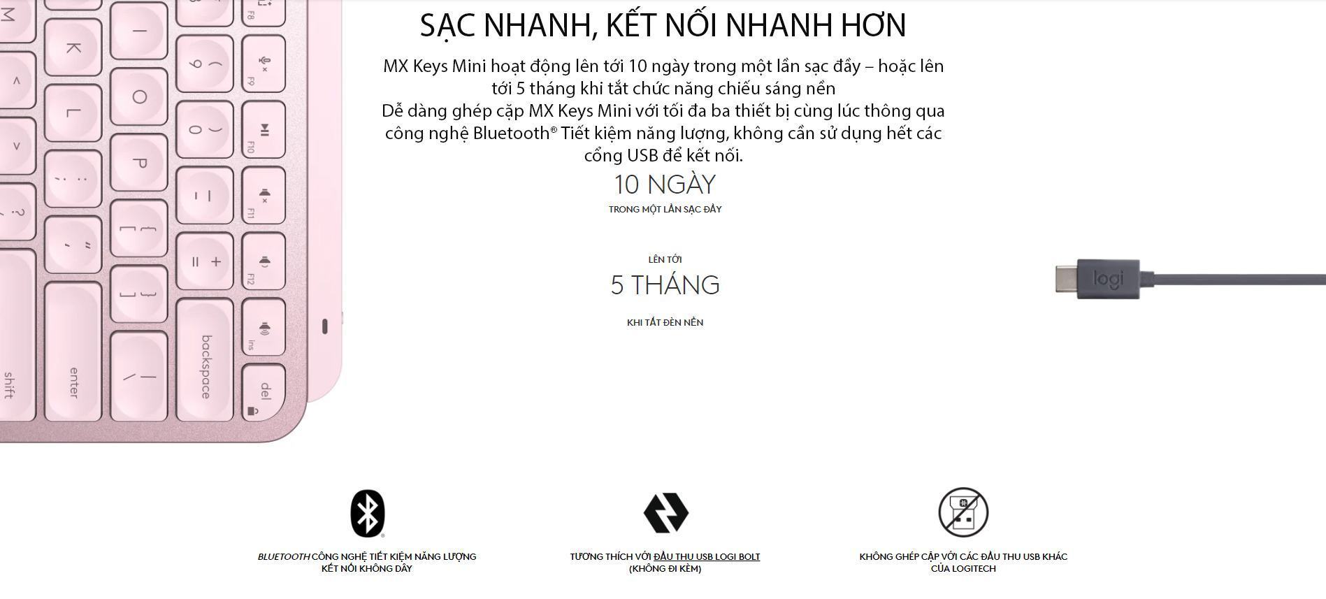 Bàn phím Không dây Logitech MX Keys Mini Pale Grey (USB/Bluetooth/xám trắng) 6