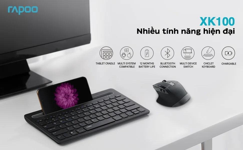 Bàn phím không dây Rapoo XK100 đen (Bluetooth)