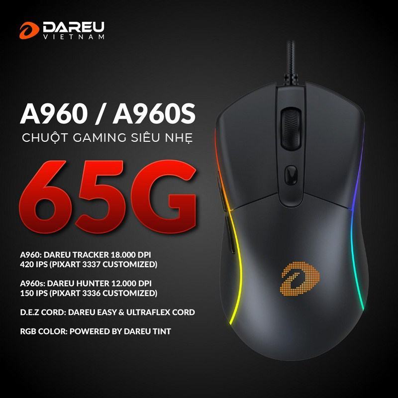 Chuột chơi game Dareu A960 Black (USB/RGB)