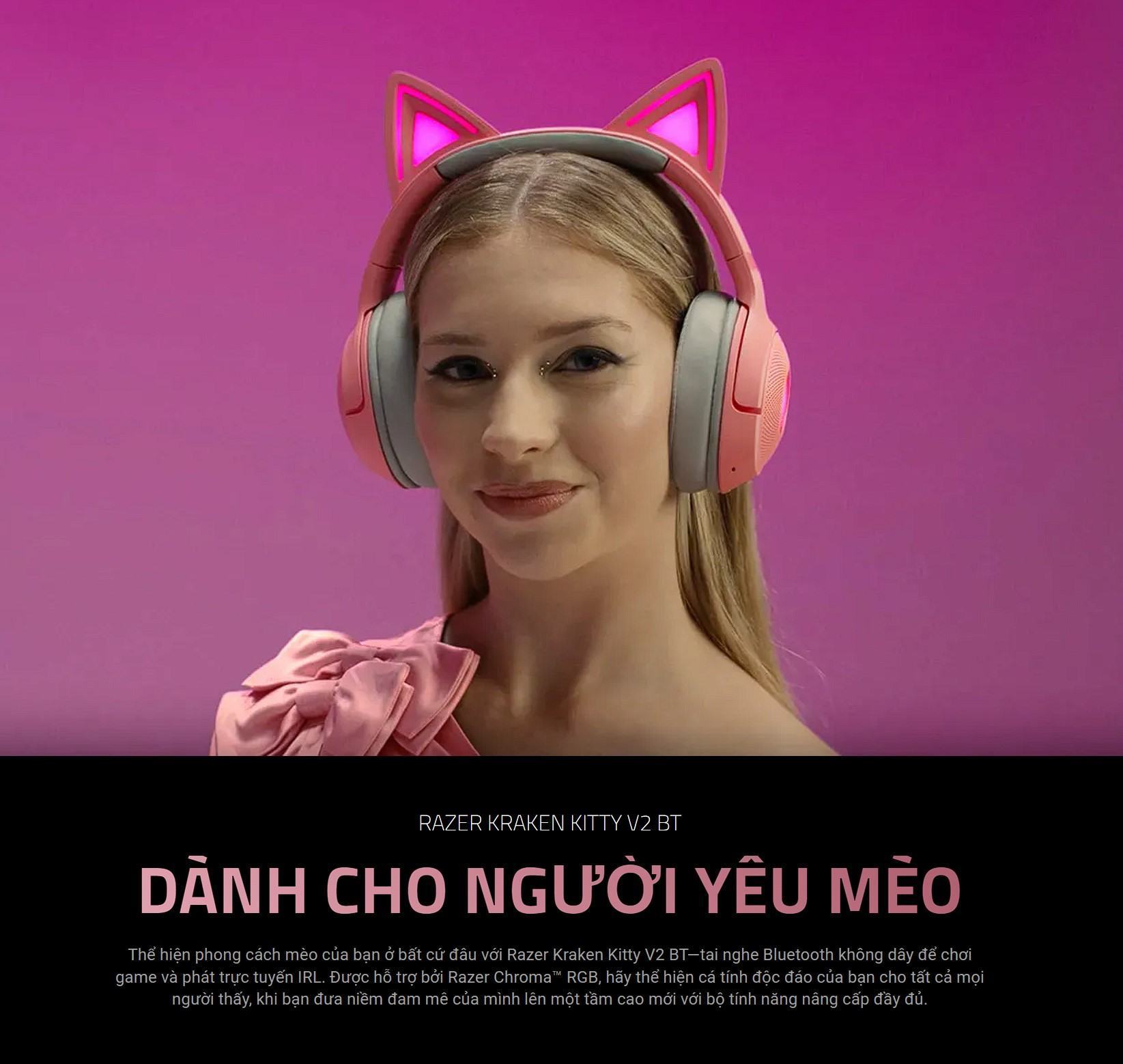 Tai nghe gaming không dây Razer Kraken Kitty V2 BT Pink, (Wireless/Bluetooth/RGB) _ RZ04-04860100-R3M1