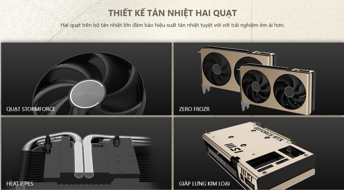 vga-msi-rtx-5060-8g-inspire-2x-oc-gddr73 Hệ thống tản nhiệt STORMFORCE – Vận hành êm ái, bền bỉ